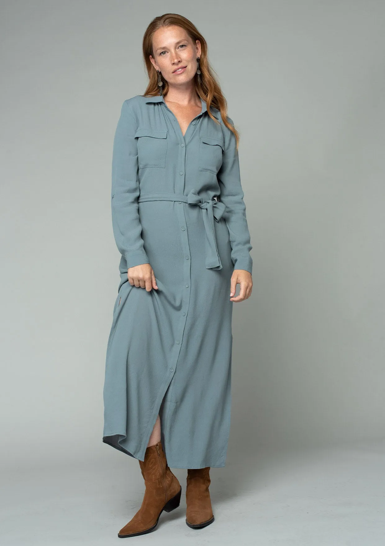 Belted Button Front Collared Maxi Shirt Dress