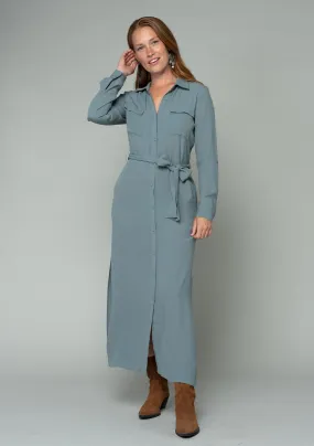 Belted Button Front Collared Maxi Shirt Dress