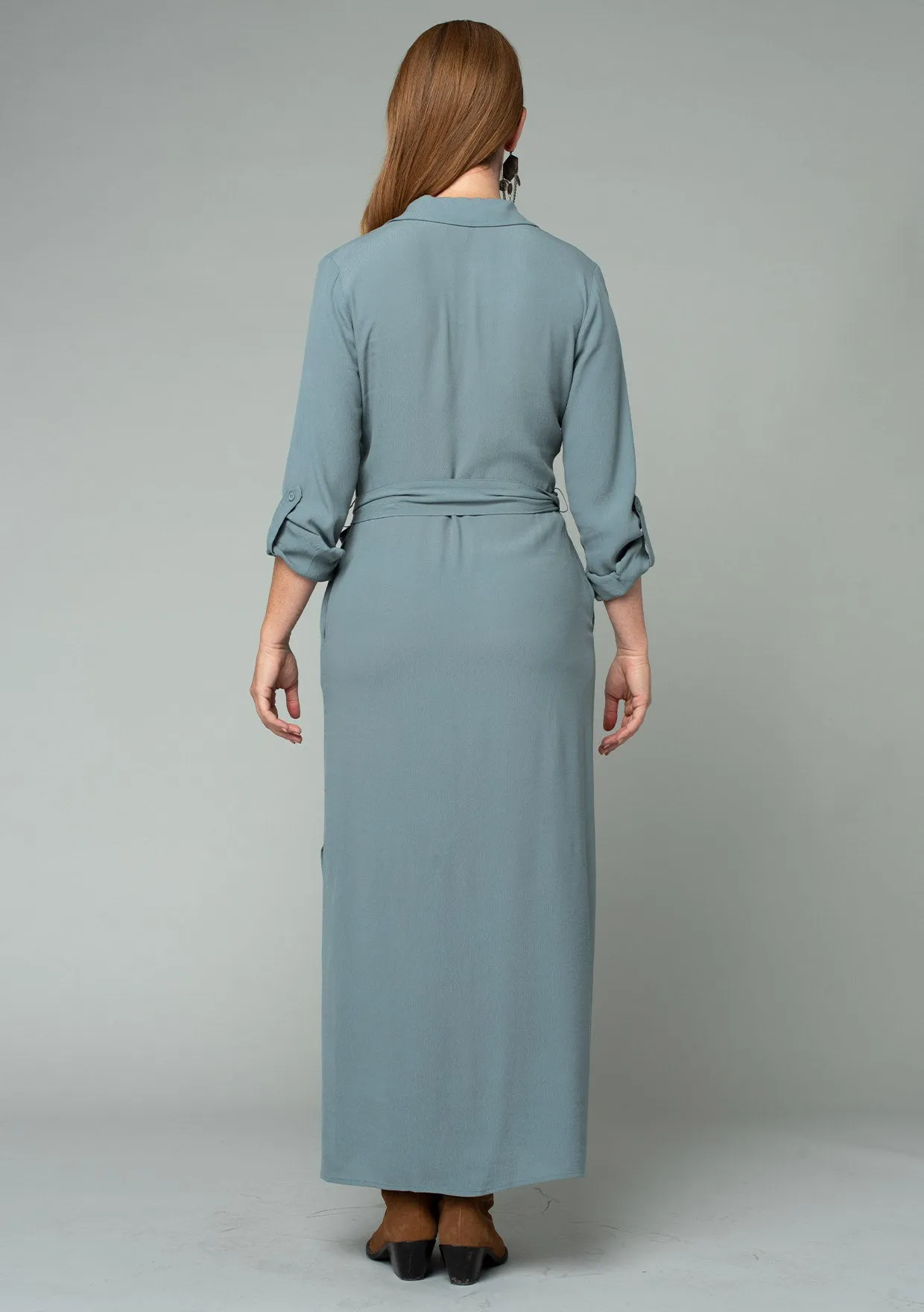 Belted Button Front Collared Maxi Shirt Dress