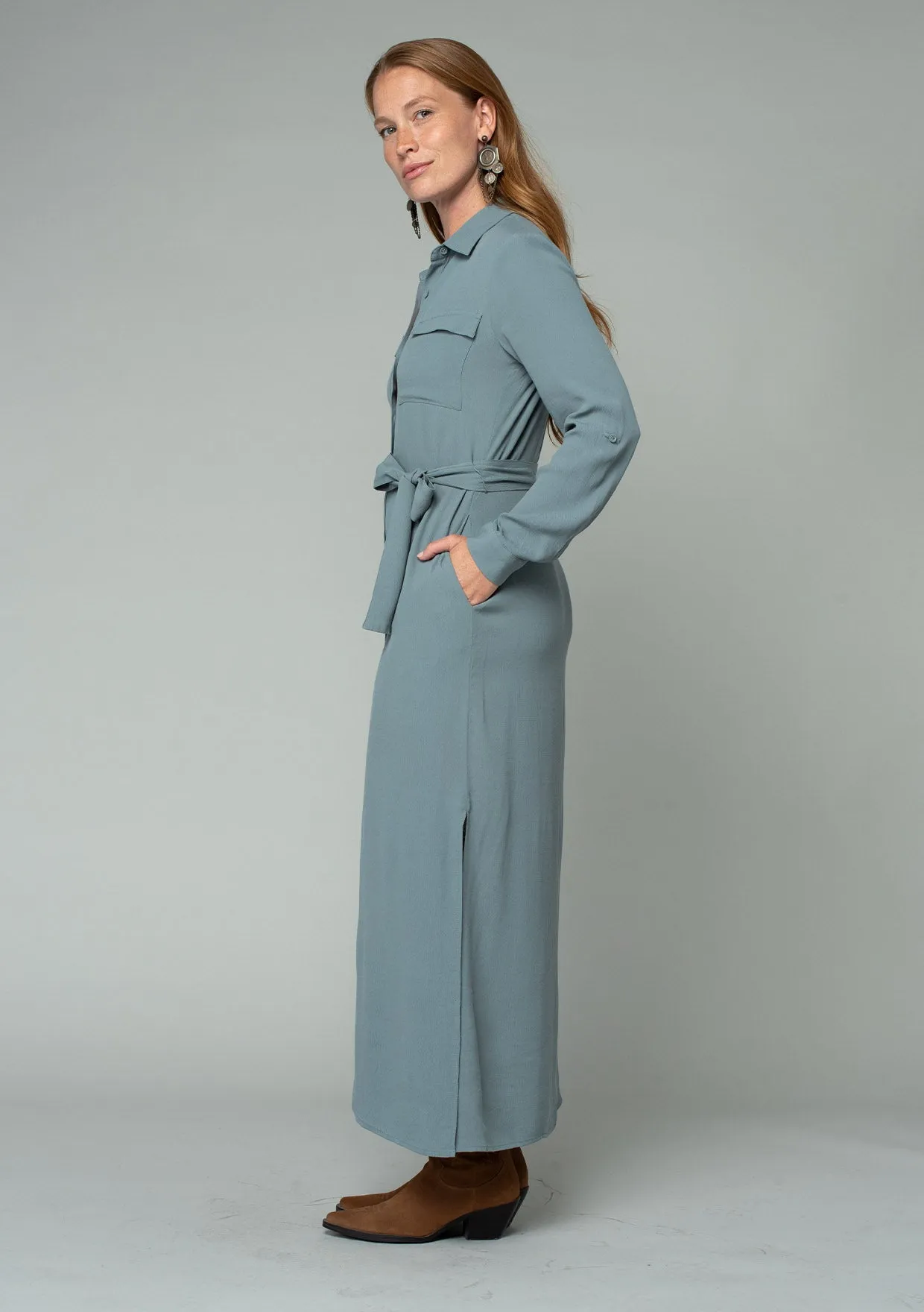 Belted Button Front Collared Maxi Shirt Dress
