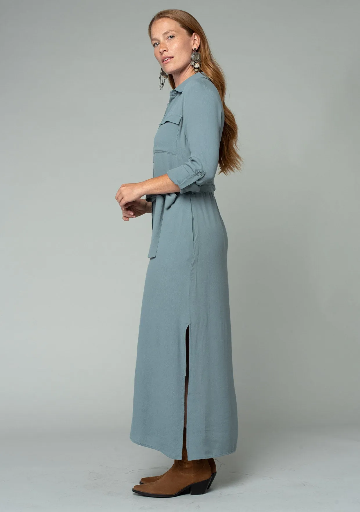 Belted Button Front Collared Maxi Shirt Dress