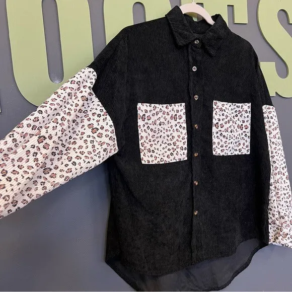 Black Corduroy   Leopard Women’s Button Up Shacket Top Medium