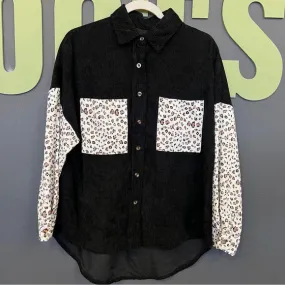 Black Corduroy   Leopard Women’s Button Up Shacket Top Medium