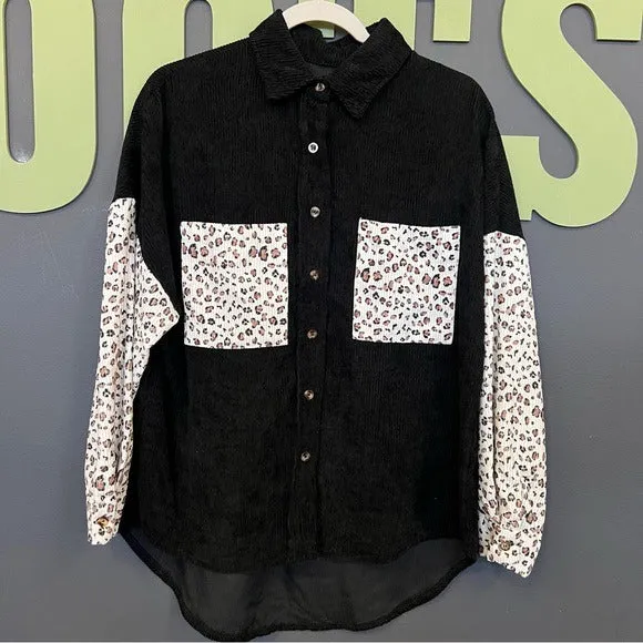 Black Corduroy   Leopard Women’s Button Up Shacket Top Medium