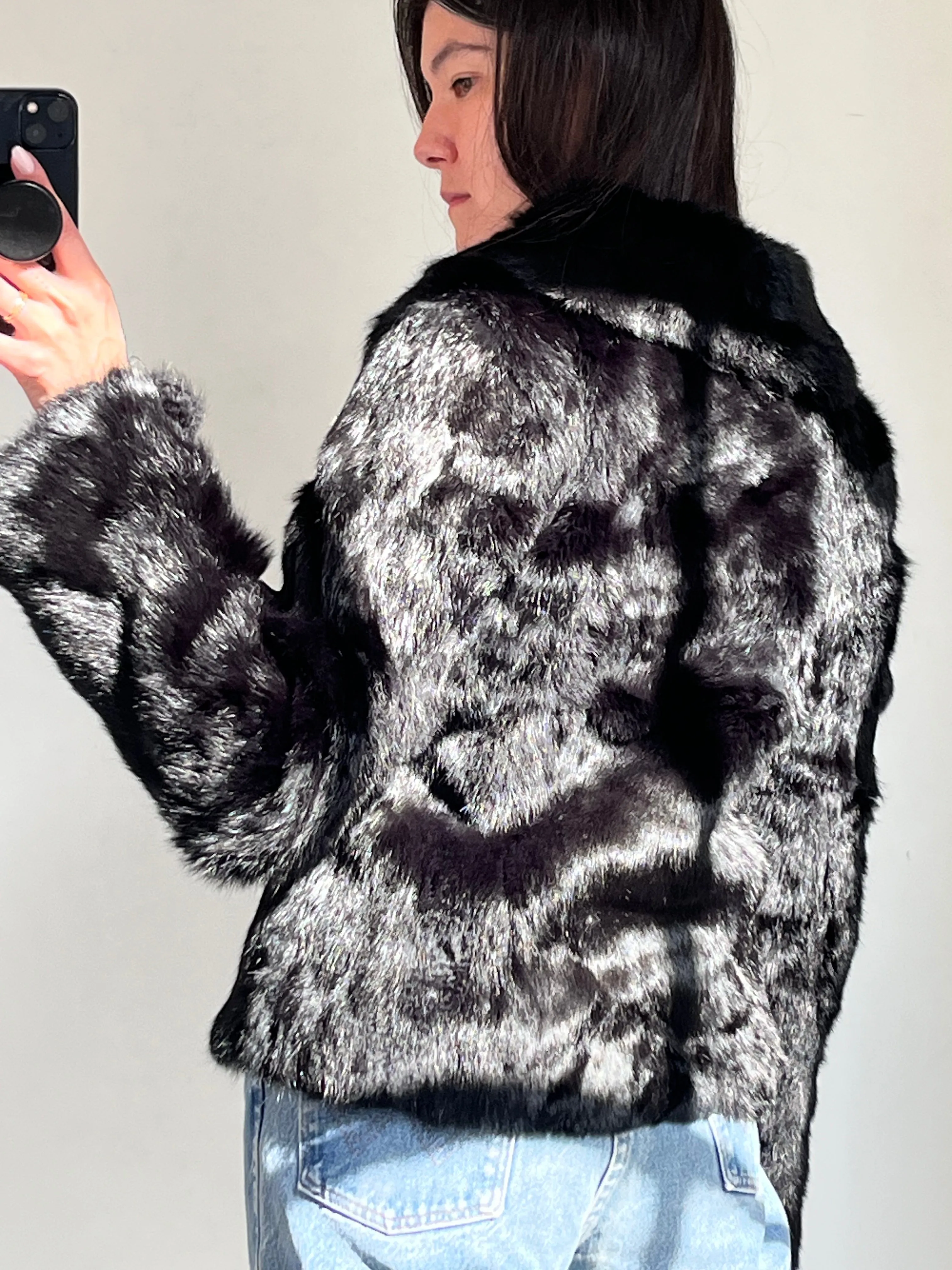 Black rabbit fur coat with huge collar