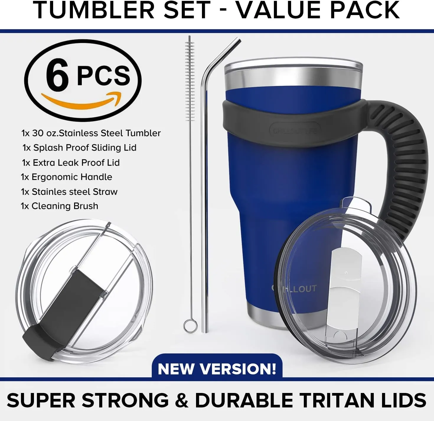 CHILLOUT LIFE Stainless Steel Travel Mug with Handle 30oz – 6 Piece Set. Tumbler with Handle, Straw, Cleaning Brush & 2 Lids