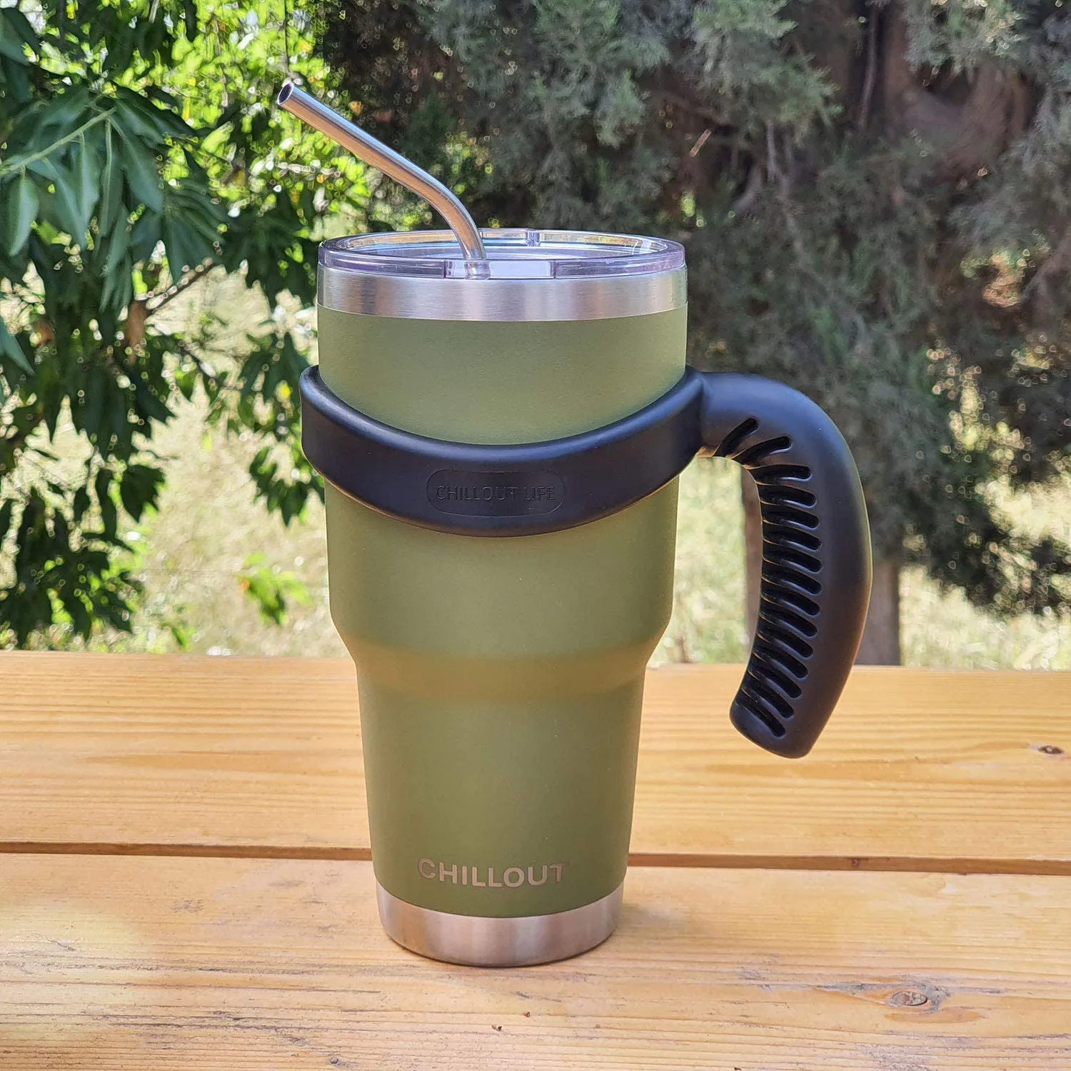 CHILLOUT LIFE Stainless Steel Travel Mug with Handle 30oz – 6 Piece Set. Tumbler with Handle, Straw, Cleaning Brush & 2 Lids