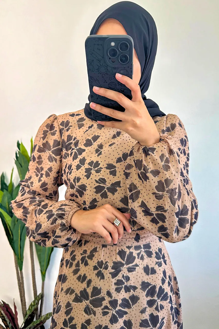 DMN Chiffon Flower Leaf Patterned Dress