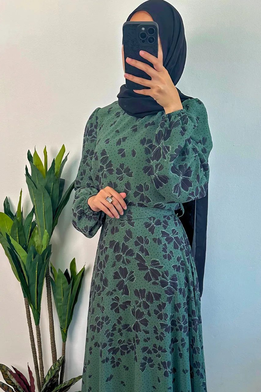 DMN Chiffon Flower Leaf Patterned Dress
