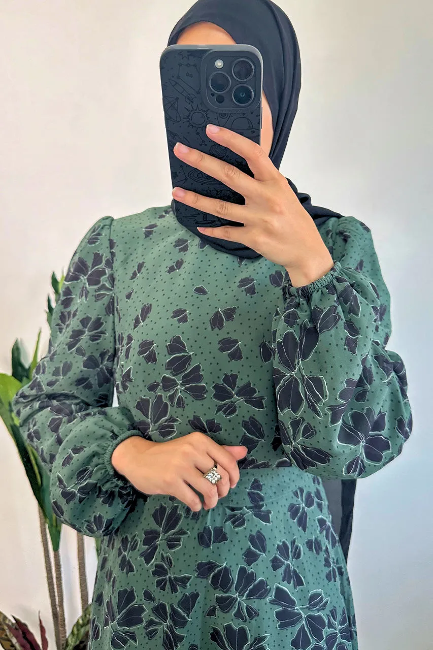 DMN Chiffon Flower Leaf Patterned Dress