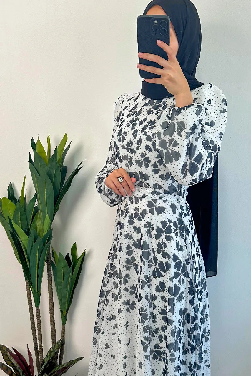 DMN Chiffon Flower Leaf Patterned Dress