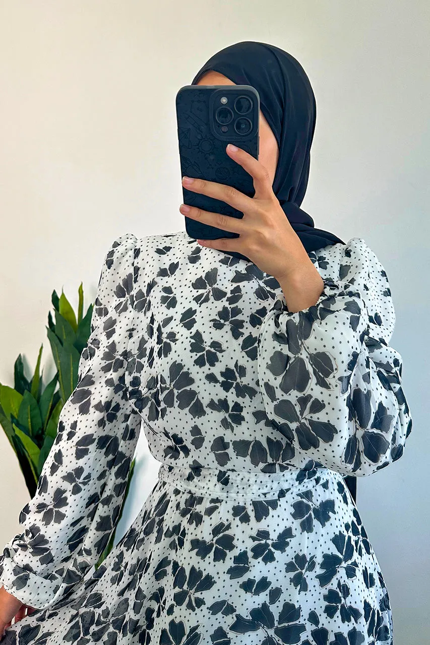 DMN Chiffon Flower Leaf Patterned Dress
