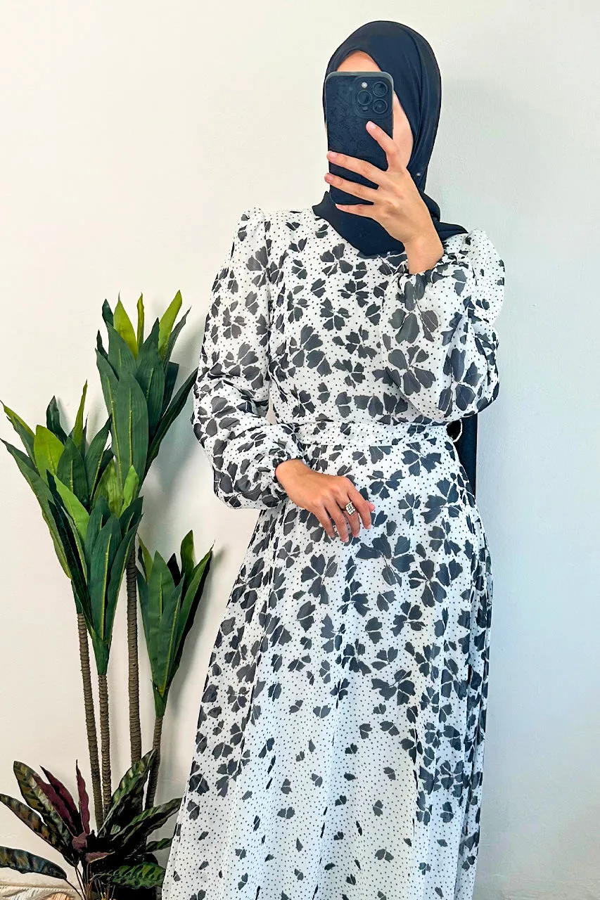 DMN Chiffon Flower Leaf Patterned Dress