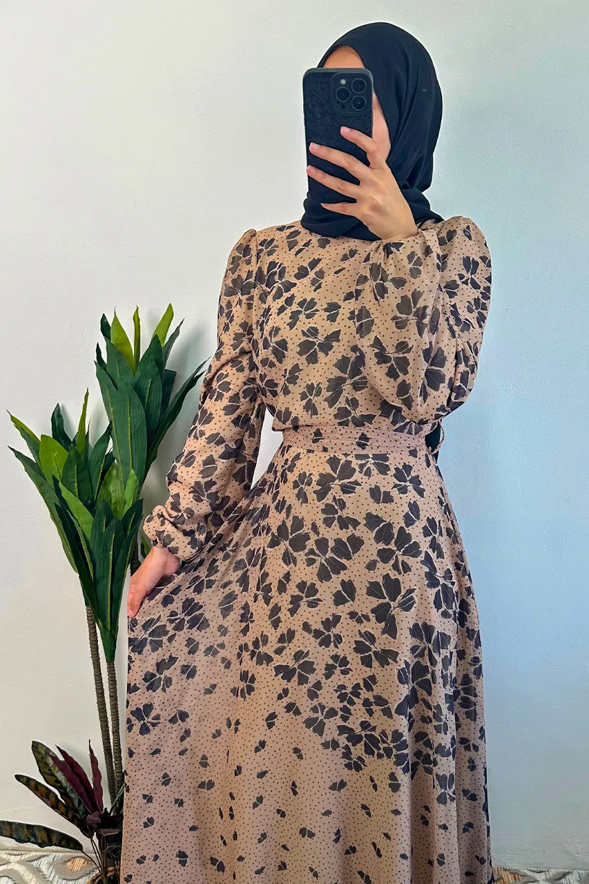 DMN Chiffon Flower Leaf Patterned Dress