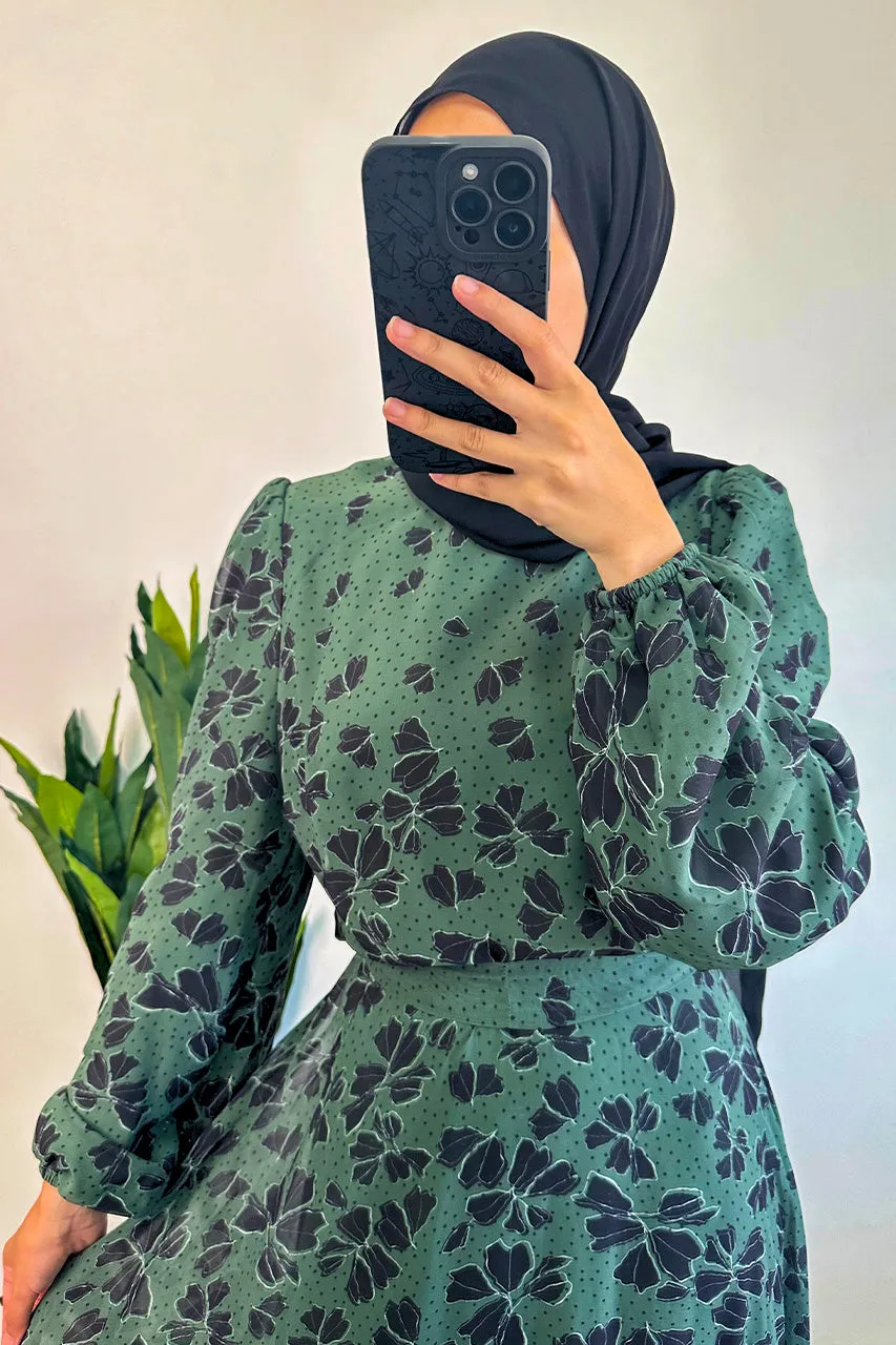 DMN Chiffon Flower Leaf Patterned Dress