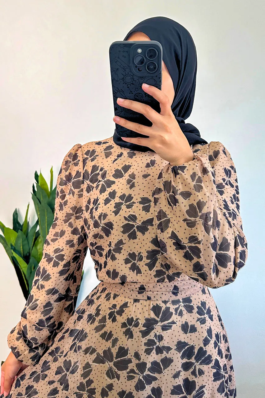 DMN Chiffon Flower Leaf Patterned Dress