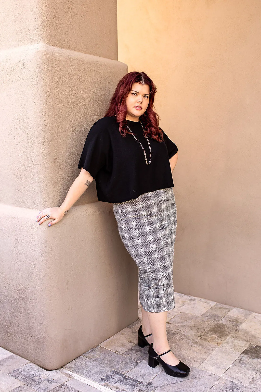 Elastic Waist Back Slit Plaid Midi Skirt