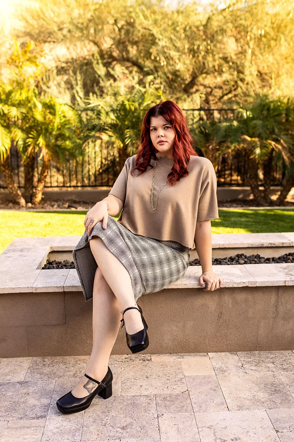 Elastic Waist Back Slit Plaid Midi Skirt