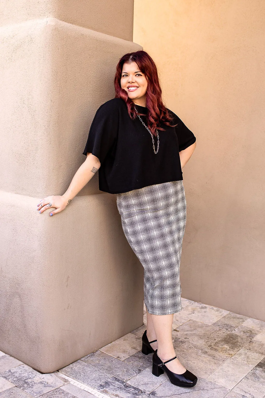 Elastic Waist Back Slit Plaid Midi Skirt