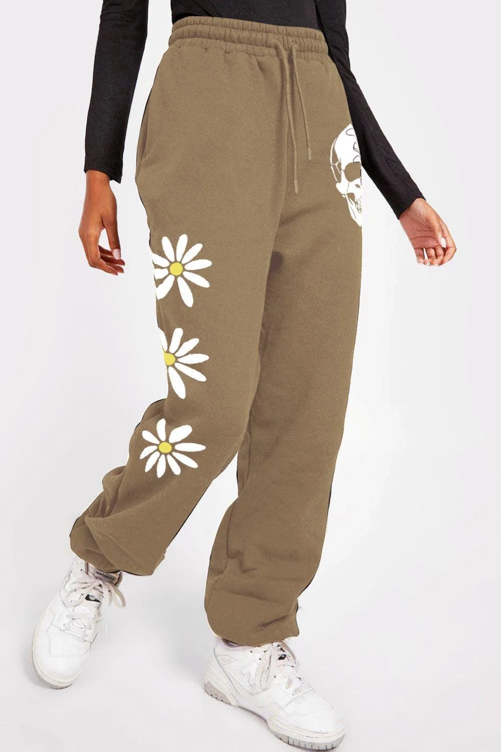Flower And Skull Graphic Elastic Waist Sweatpants
