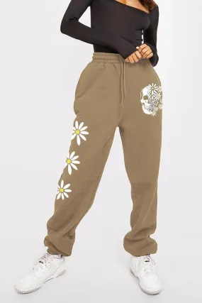 Flower And Skull Graphic Elastic Waist Sweatpants