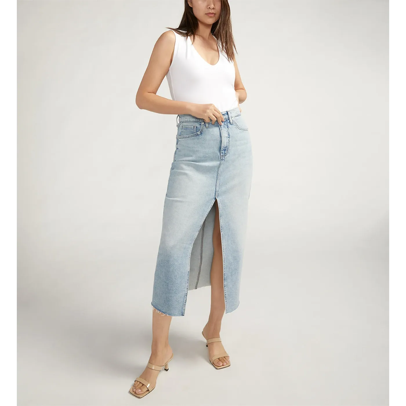 Light Blue Front Slit Denim Skirt