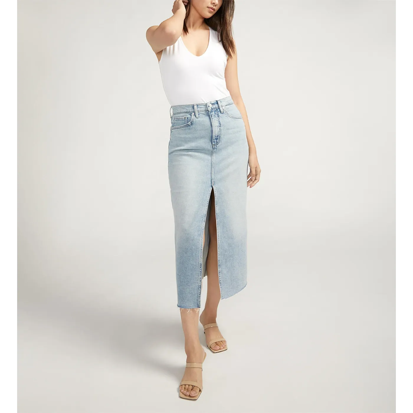 Light Blue Front Slit Denim Skirt