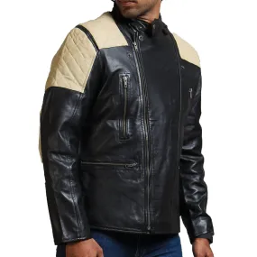 Men's Black Leather Jacket with White Quilted Shoulders