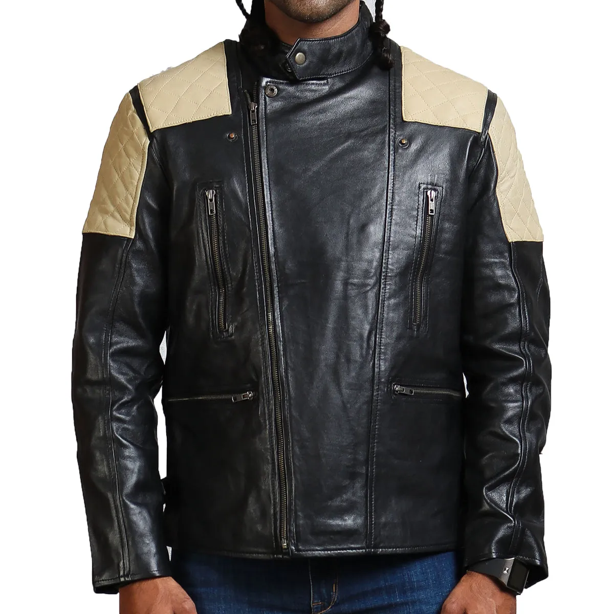 Men's Black Leather Jacket with White Quilted Shoulders