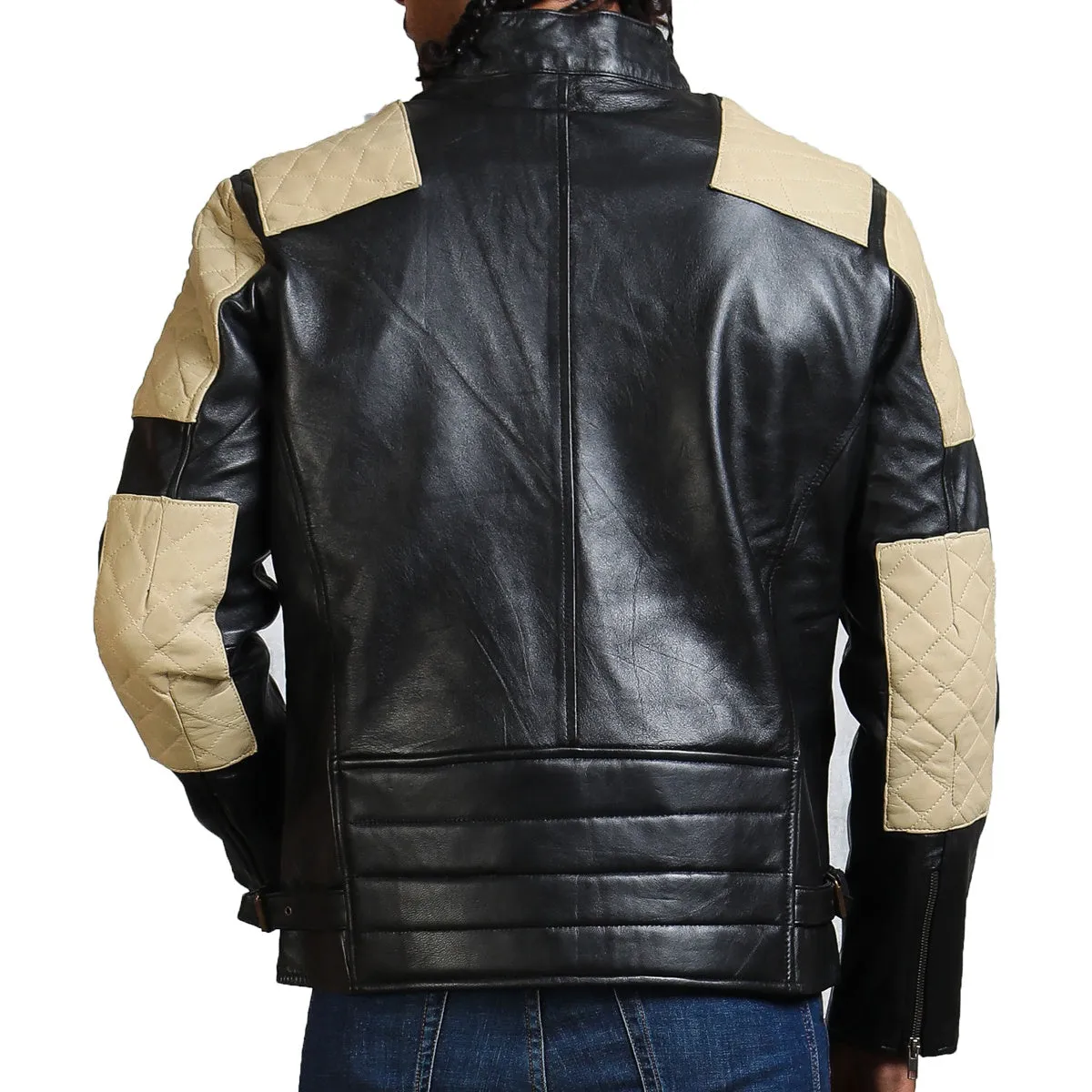 Men's Black Leather Jacket with White Quilted Shoulders