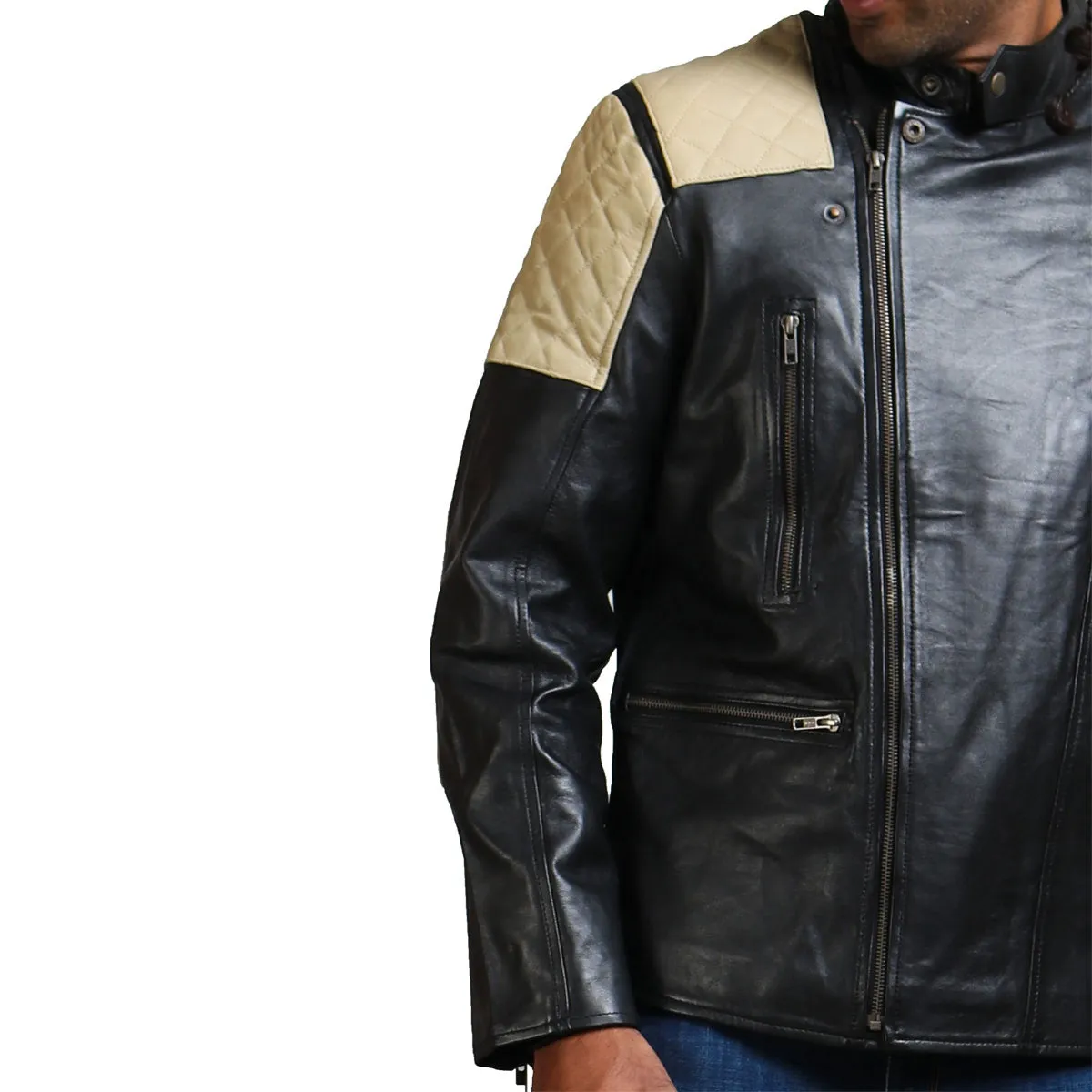 Men's Black Leather Jacket with White Quilted Shoulders