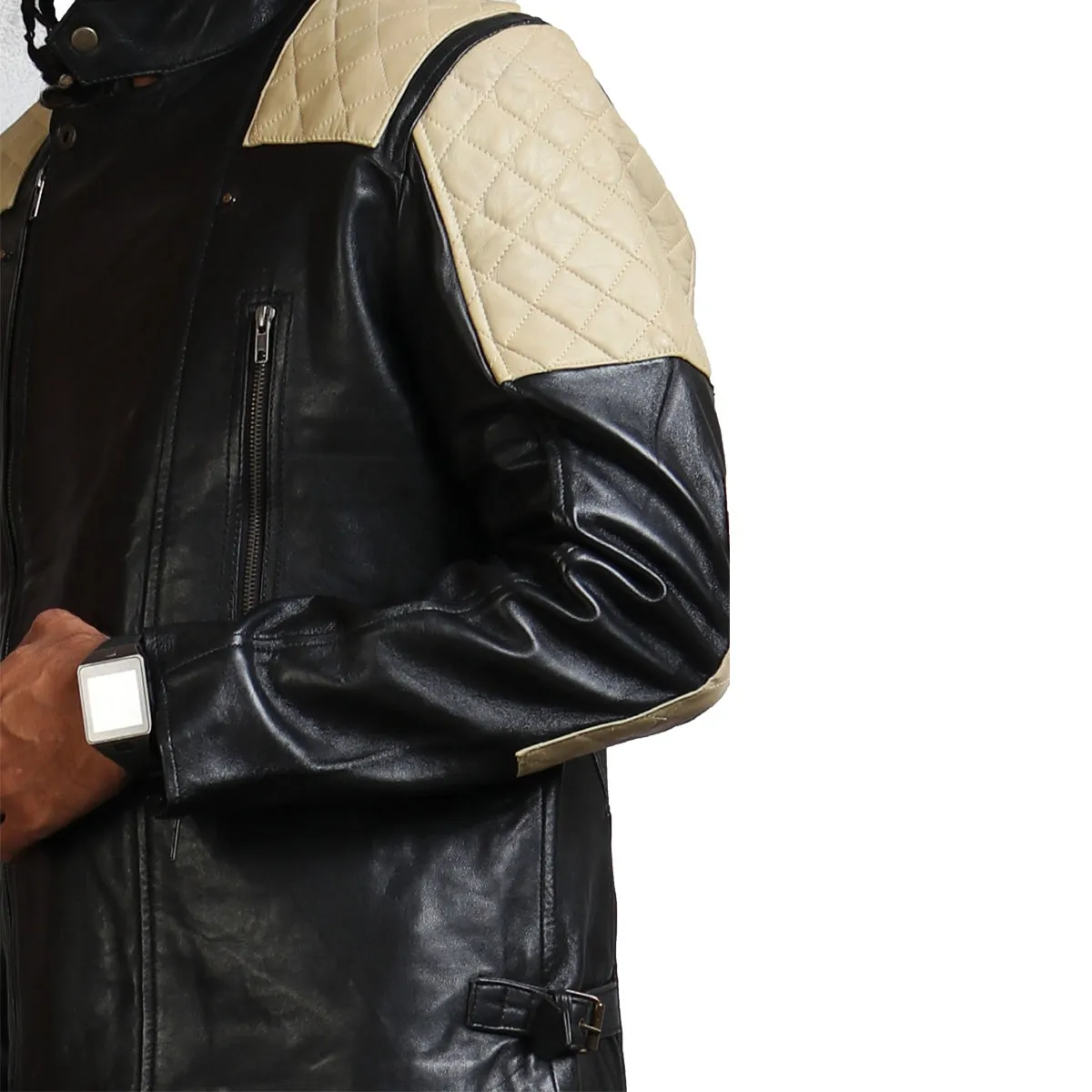 Men's Black Leather Jacket with White Quilted Shoulders