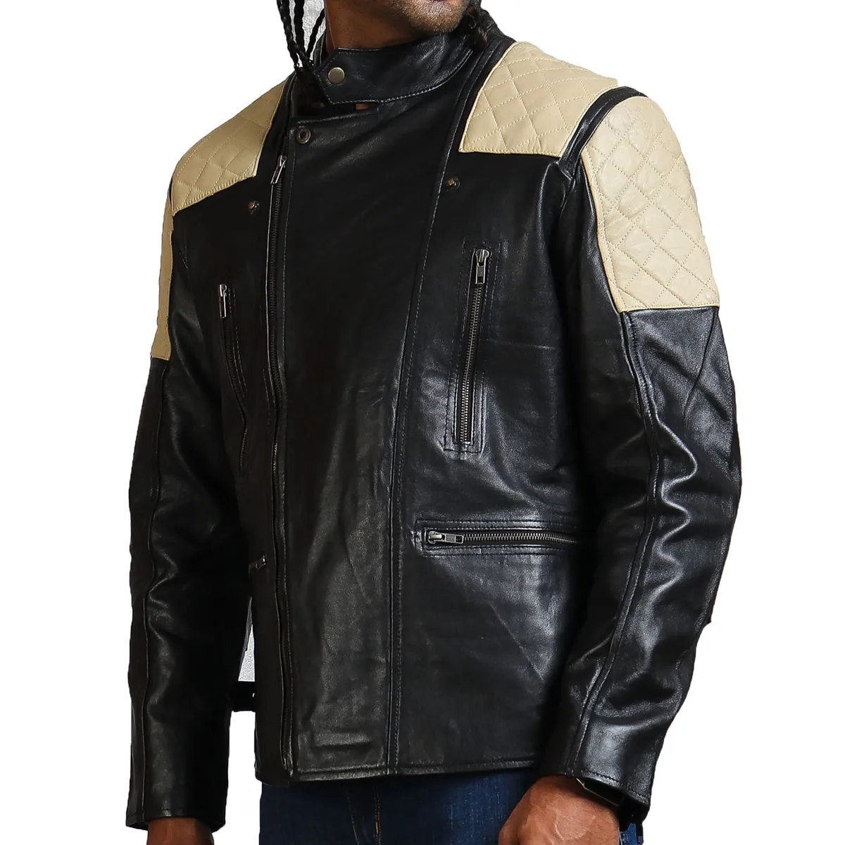 Men's Black Leather Jacket with White Quilted Shoulders