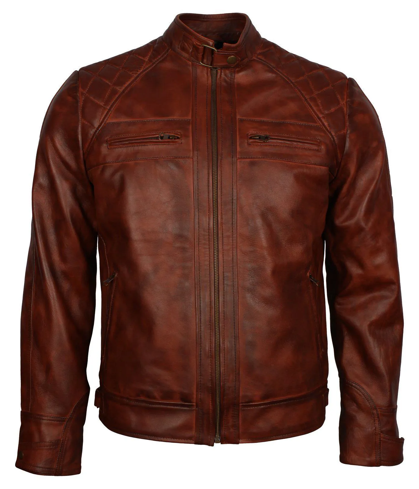 Men's Brown Diamond Quilted Genuine Leather Cafe Racer Jacket Stylish Brown Leather Biker Jacket for Men