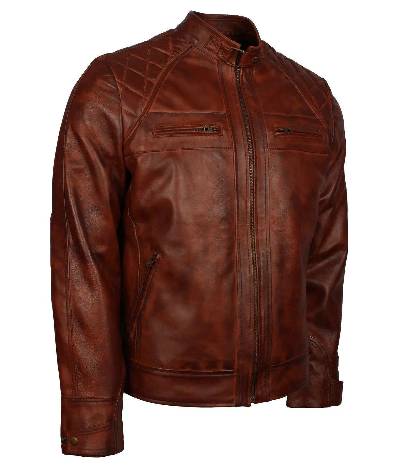 Men's Brown Diamond Quilted Genuine Leather Cafe Racer Jacket Stylish Brown Leather Biker Jacket for Men