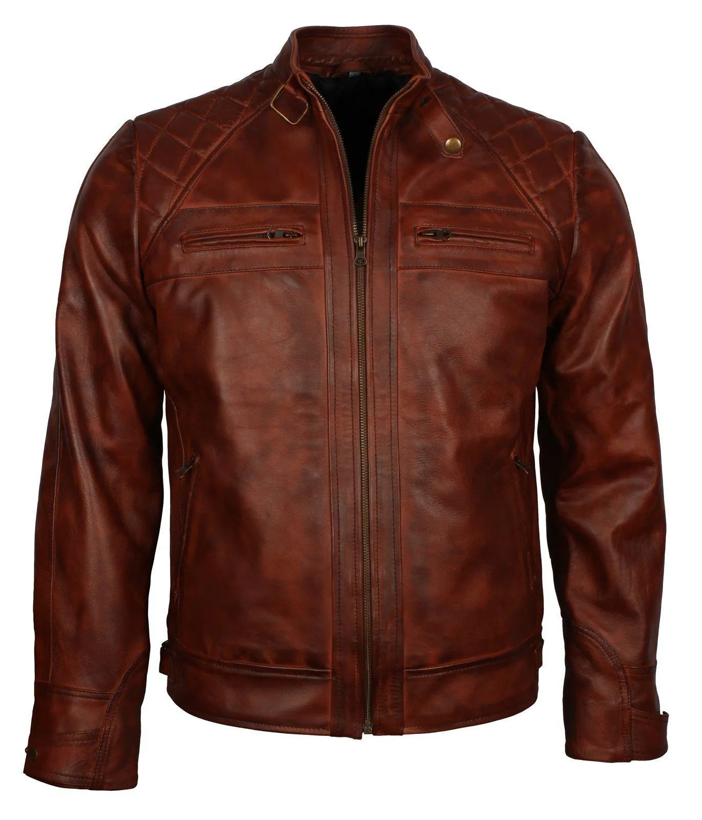 Men's Brown Diamond Quilted Genuine Leather Cafe Racer Jacket Stylish Brown Leather Biker Jacket for Men