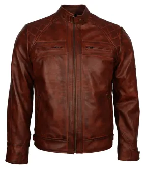 Men's Brown Diamond Quilted Genuine Leather Cafe Racer Jacket Stylish Brown Leather Biker Jacket for Men