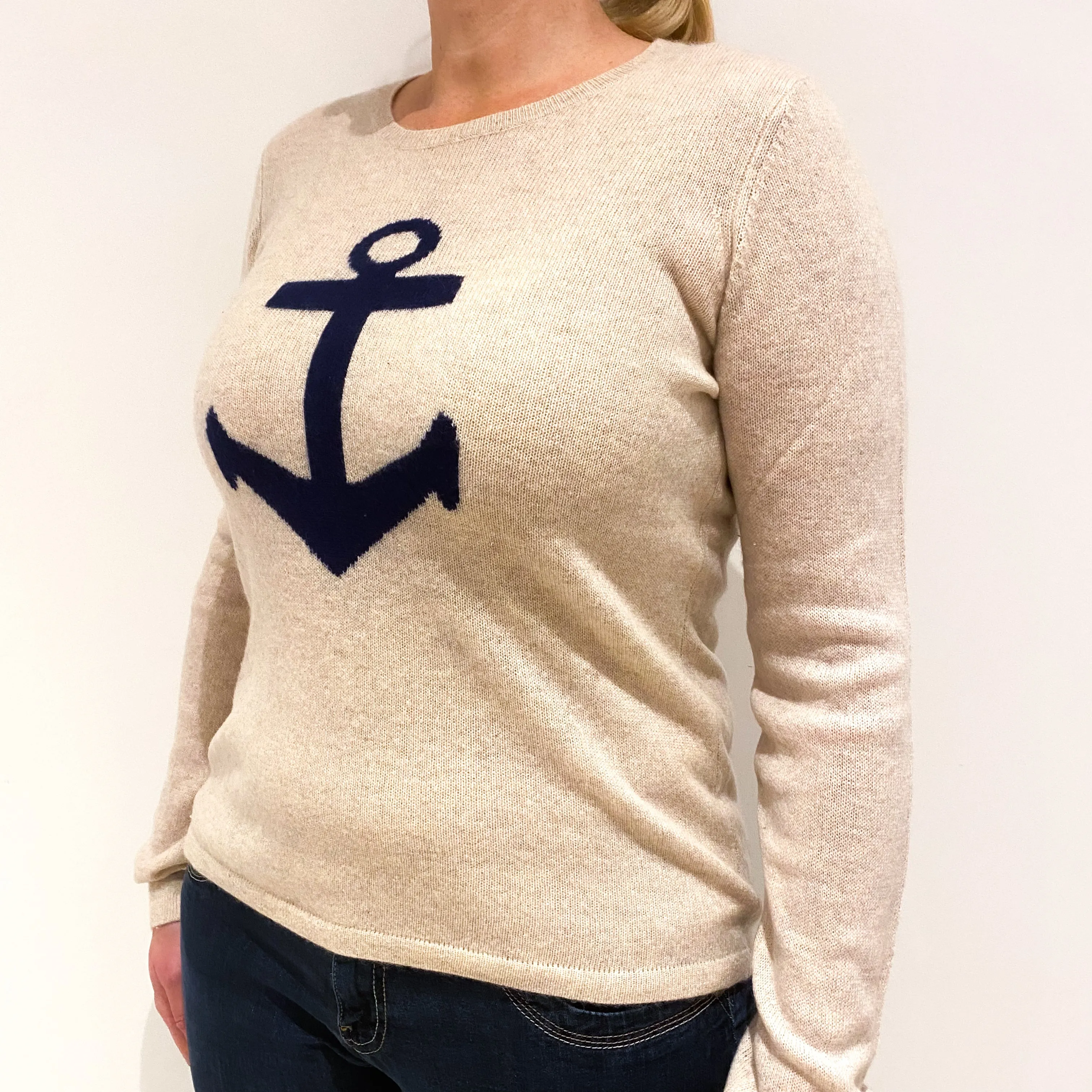 Oatmeal Beige Navy Anchor Front Cashmere Crew Neck Jumper Large