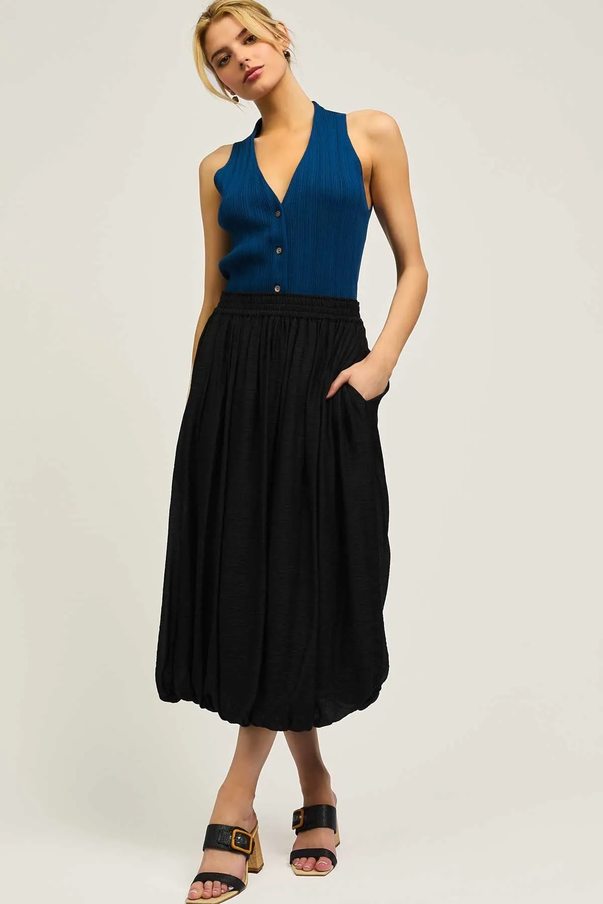 Smocked Waist Bubble Midi Skirt
