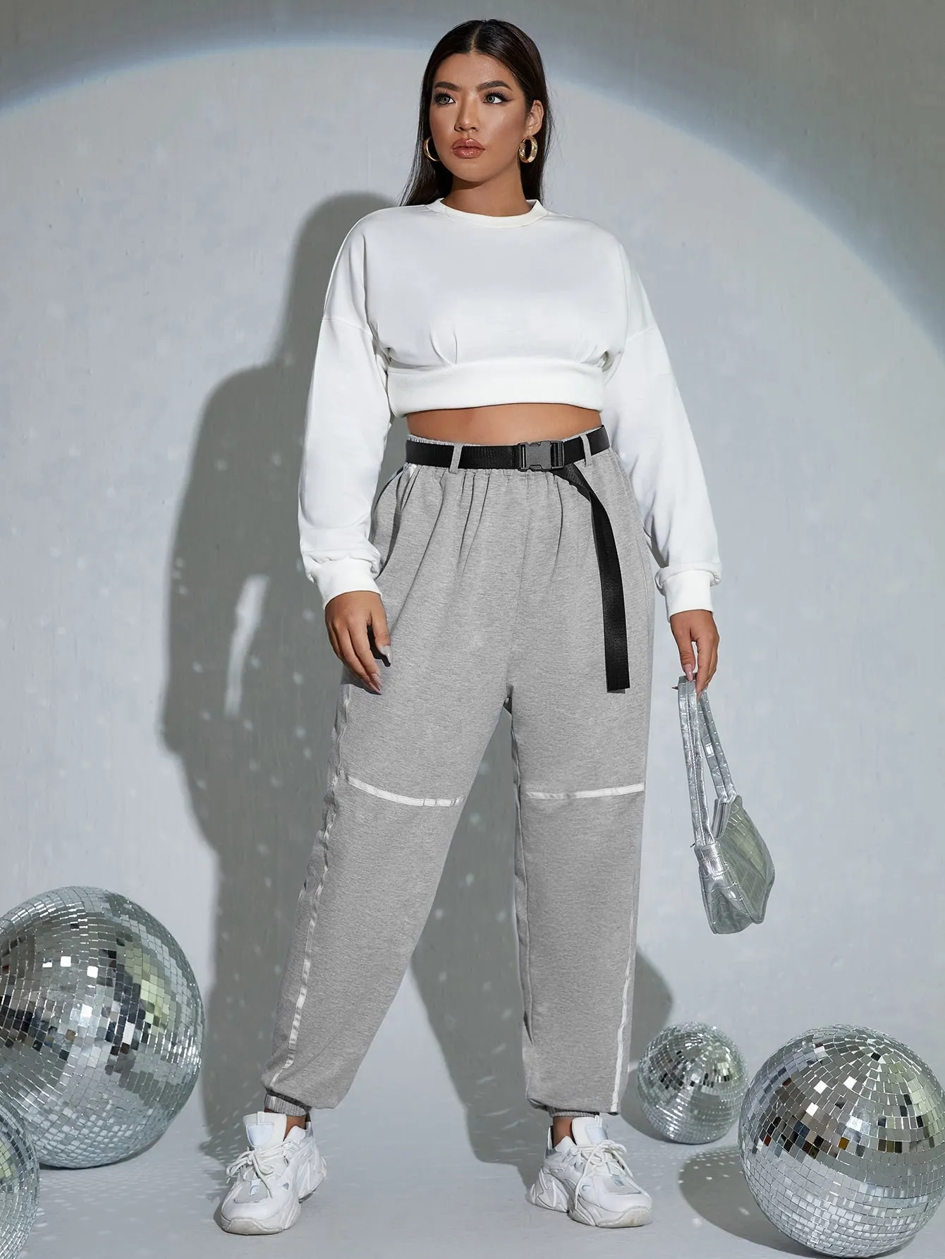 Striped Contrast Binding High Waist Long Plus Size Sweatpants