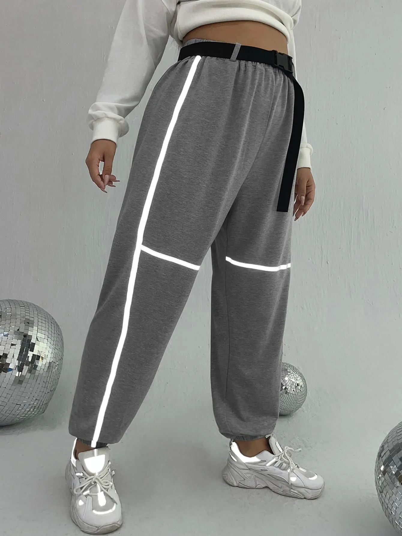 Striped Contrast Binding High Waist Long Plus Size Sweatpants