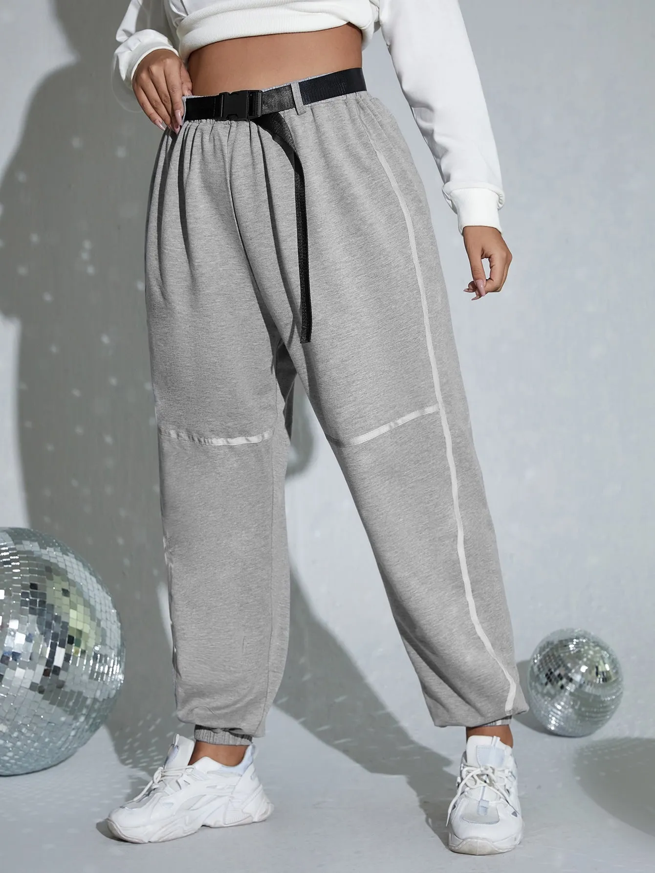 Striped Contrast Binding High Waist Long Plus Size Sweatpants