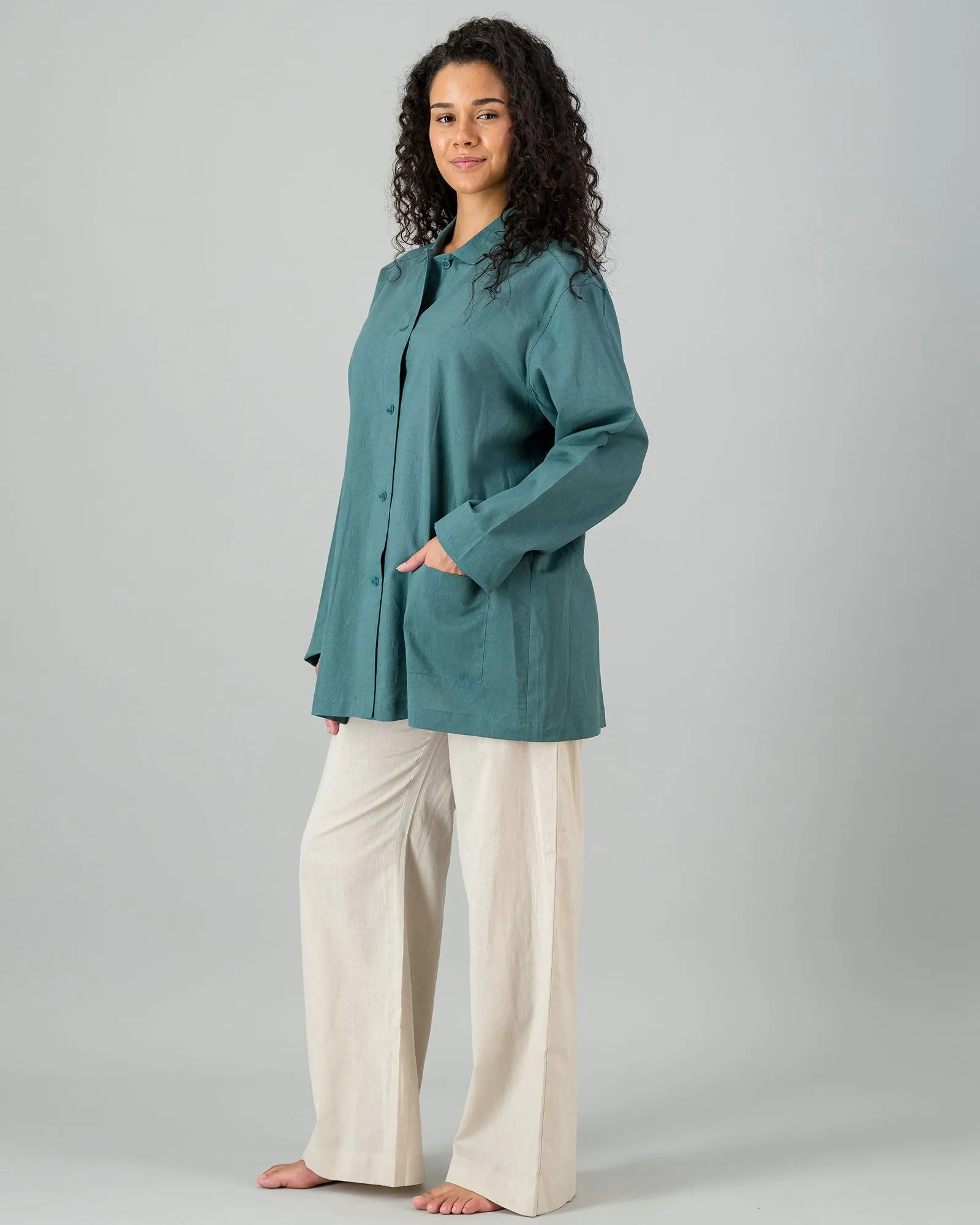 Womens Linen Shacket - Forest Green